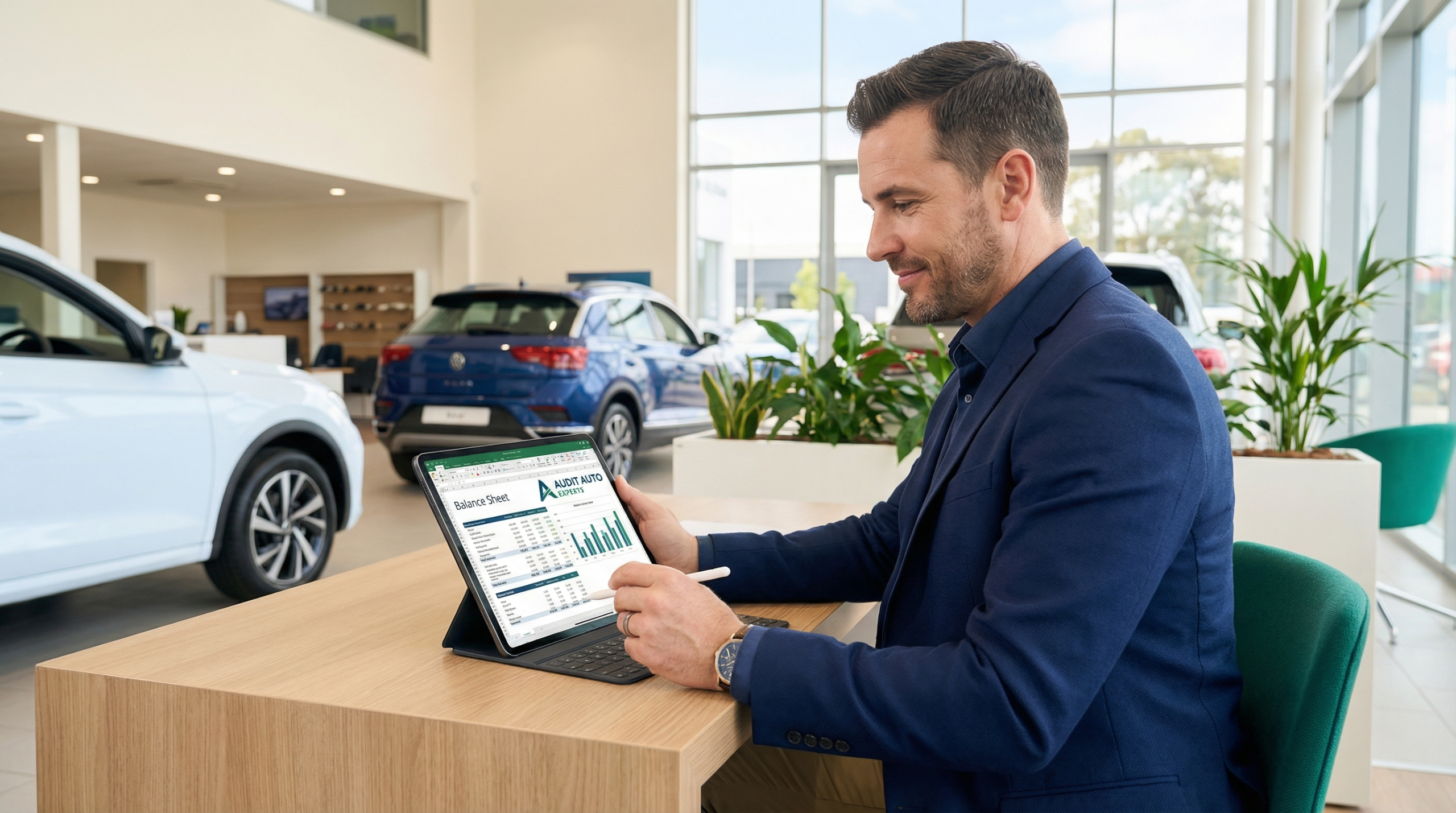 Expert-comptable examinant le bilan d'une concession automobile sur une tablette