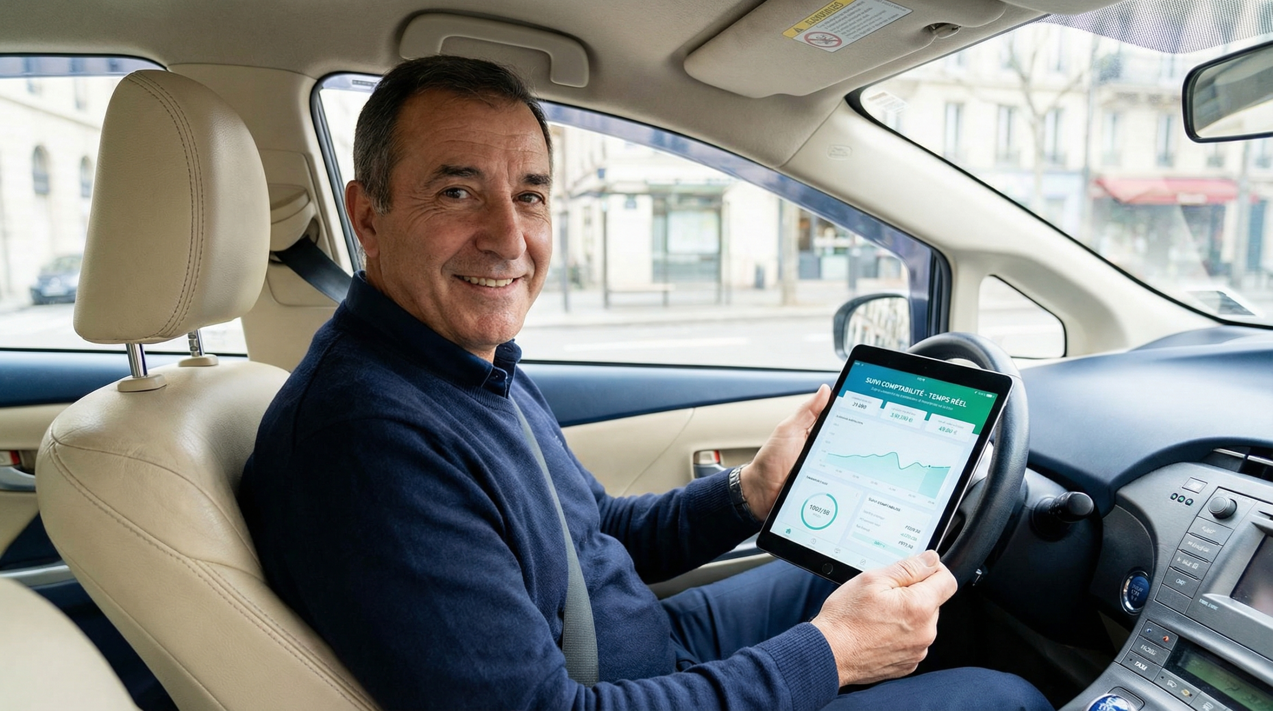 Chauffeur de taxi utilisant une tablette pour suivre sa comptabilité en temps réel