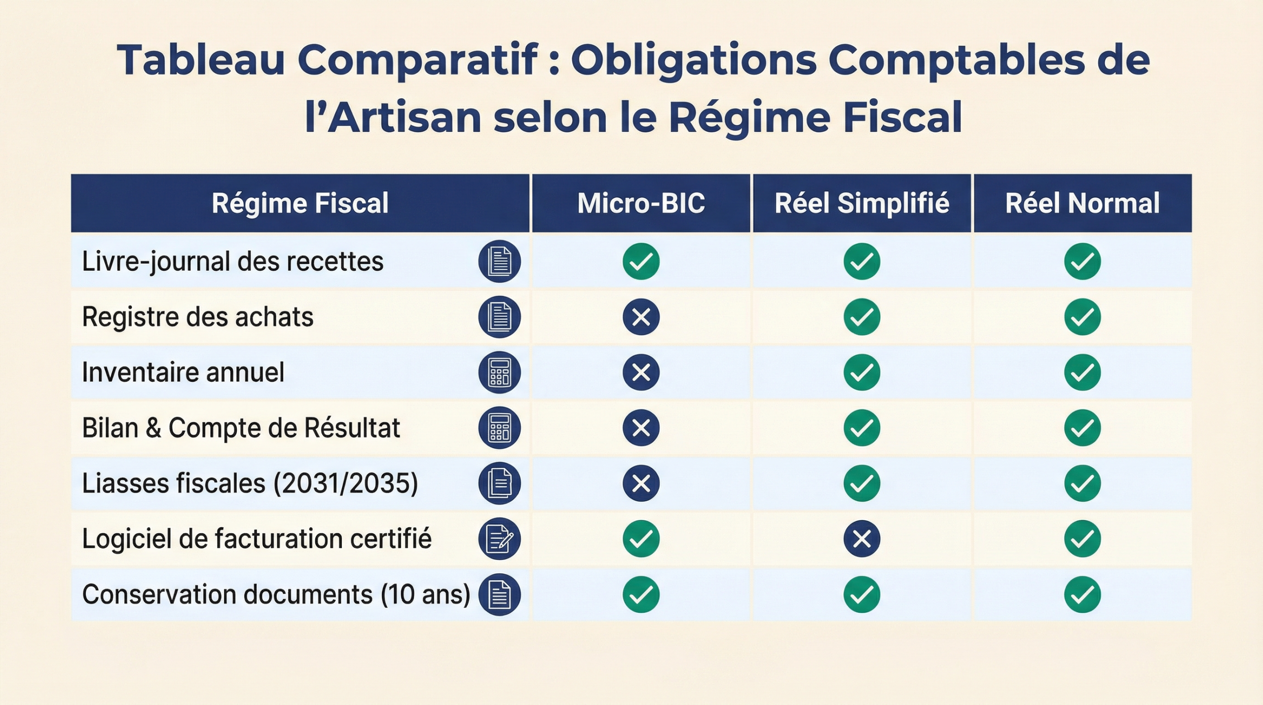 Tableau comparatif des obligations comptables pour un artisan selon son régime fiscal