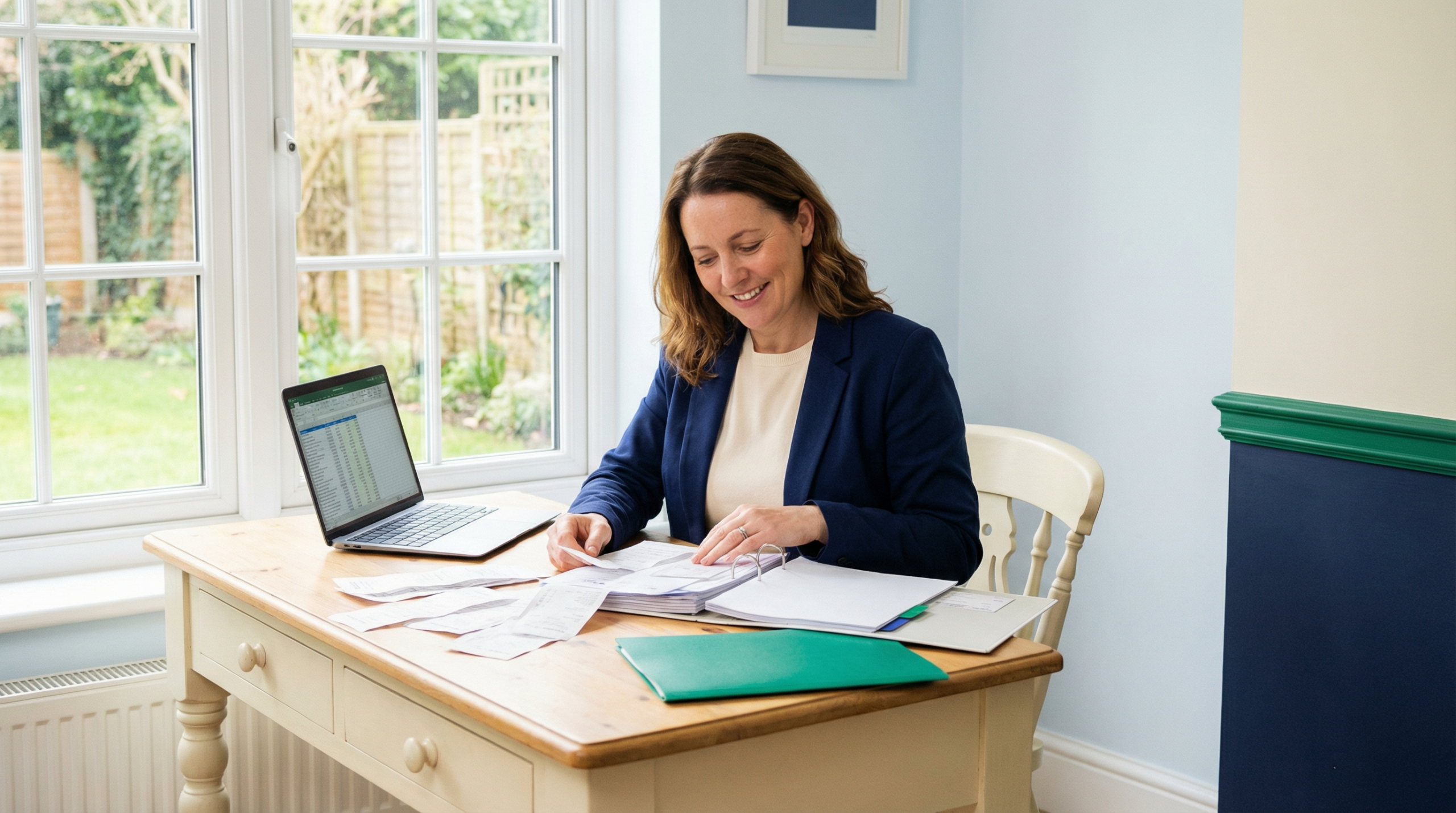 Infirmière libérale organisant ses documents comptables sur un bureau