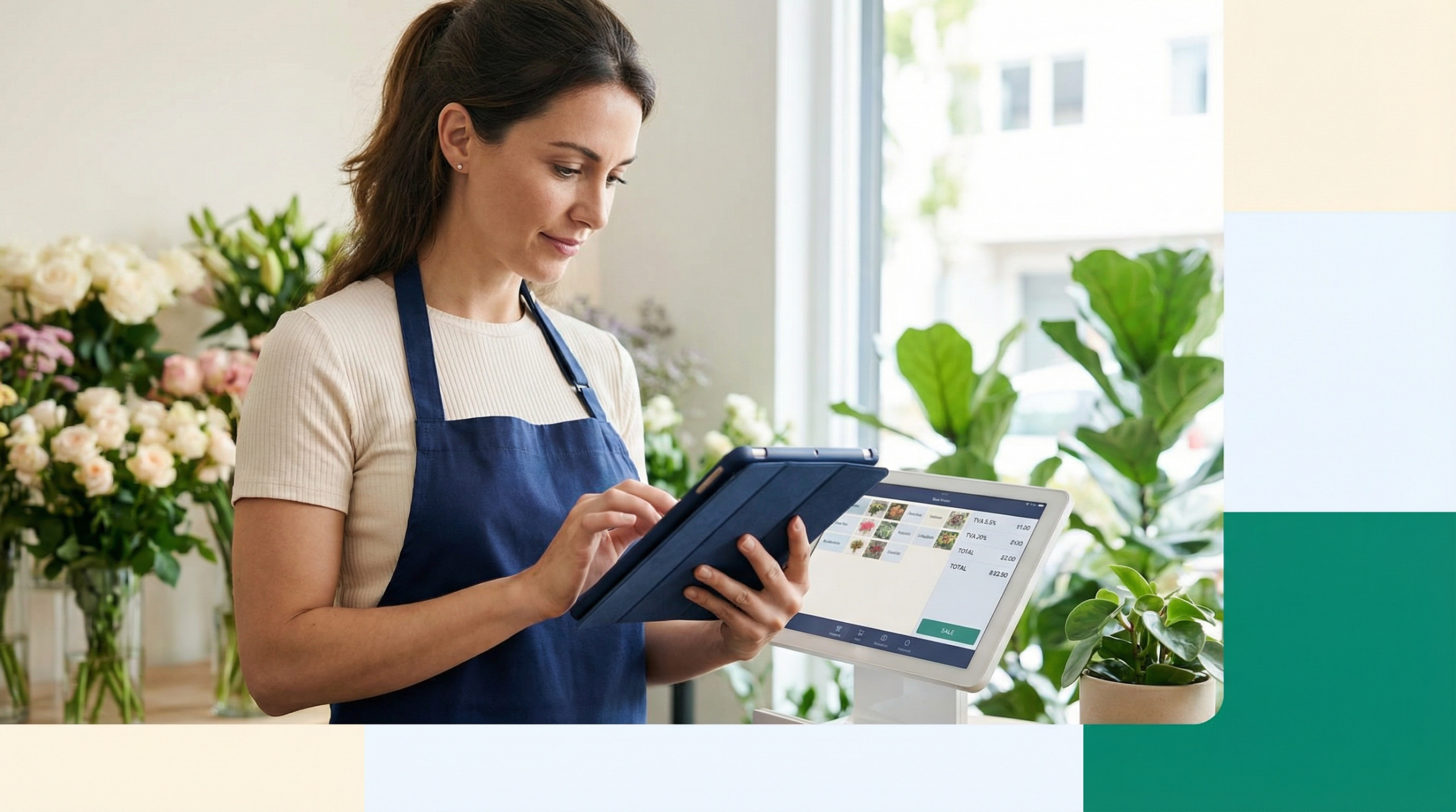 Fleuriste utilisant une tablette avec un logiciel de caisse pour enregistrer une vente avec différents taux de TVA