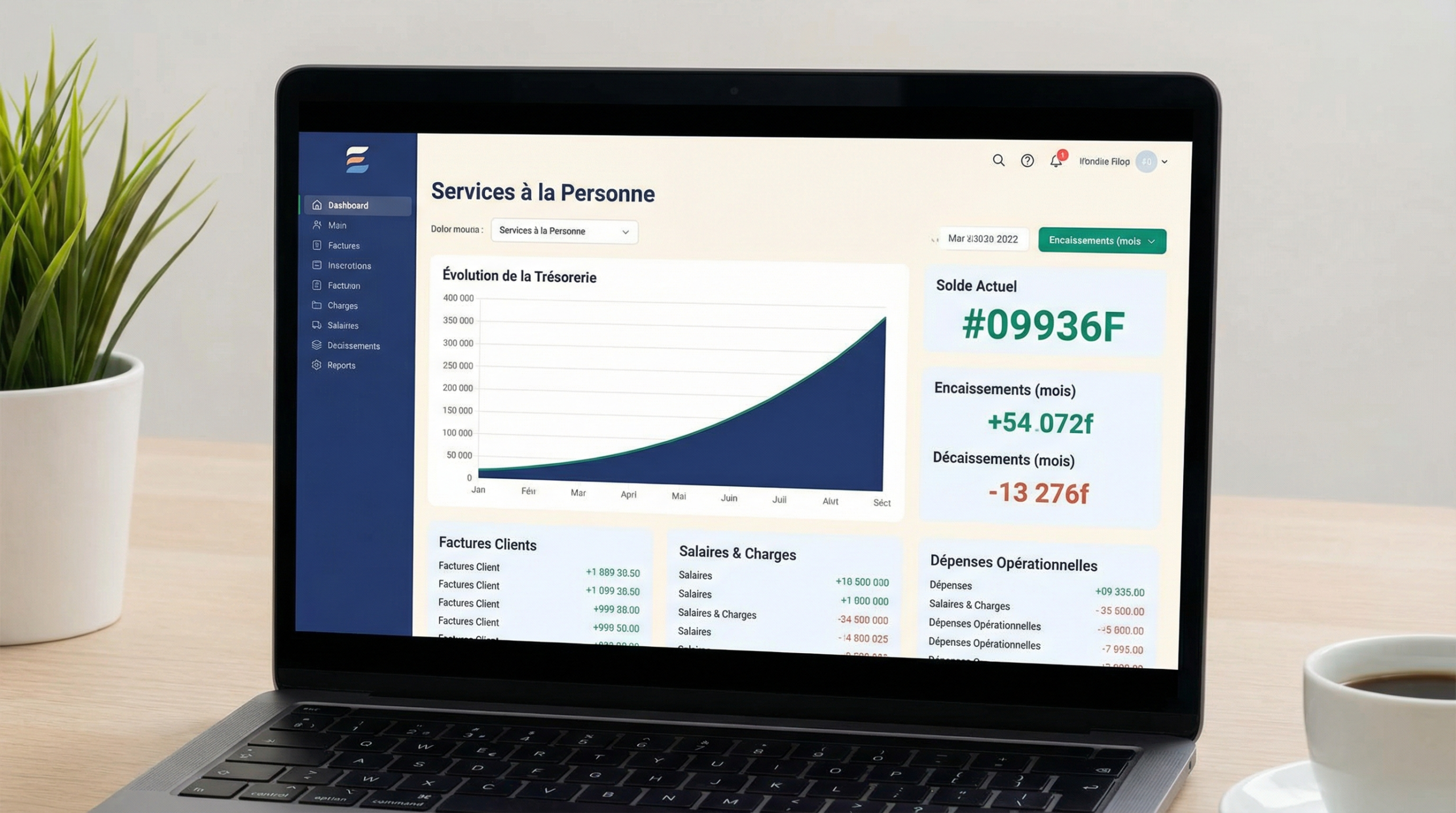 Tableau de bord d'un logiciel de comptabilité en ligne affichant la trésorerie d'une entreprise de services à la personne