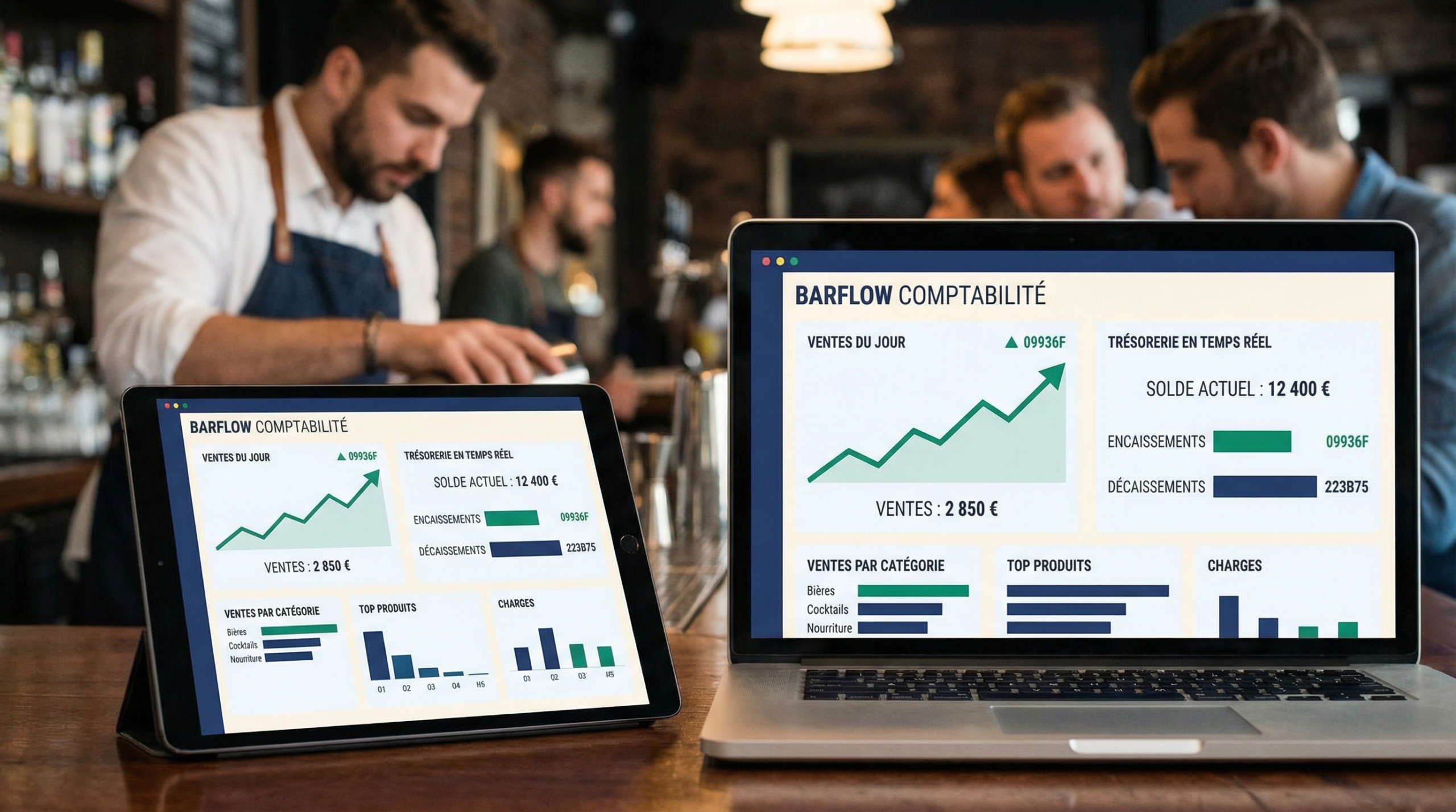 Tableau de bord d'un logiciel de comptabilité pour bar affichant les ventes et la trésorerie en temps réel