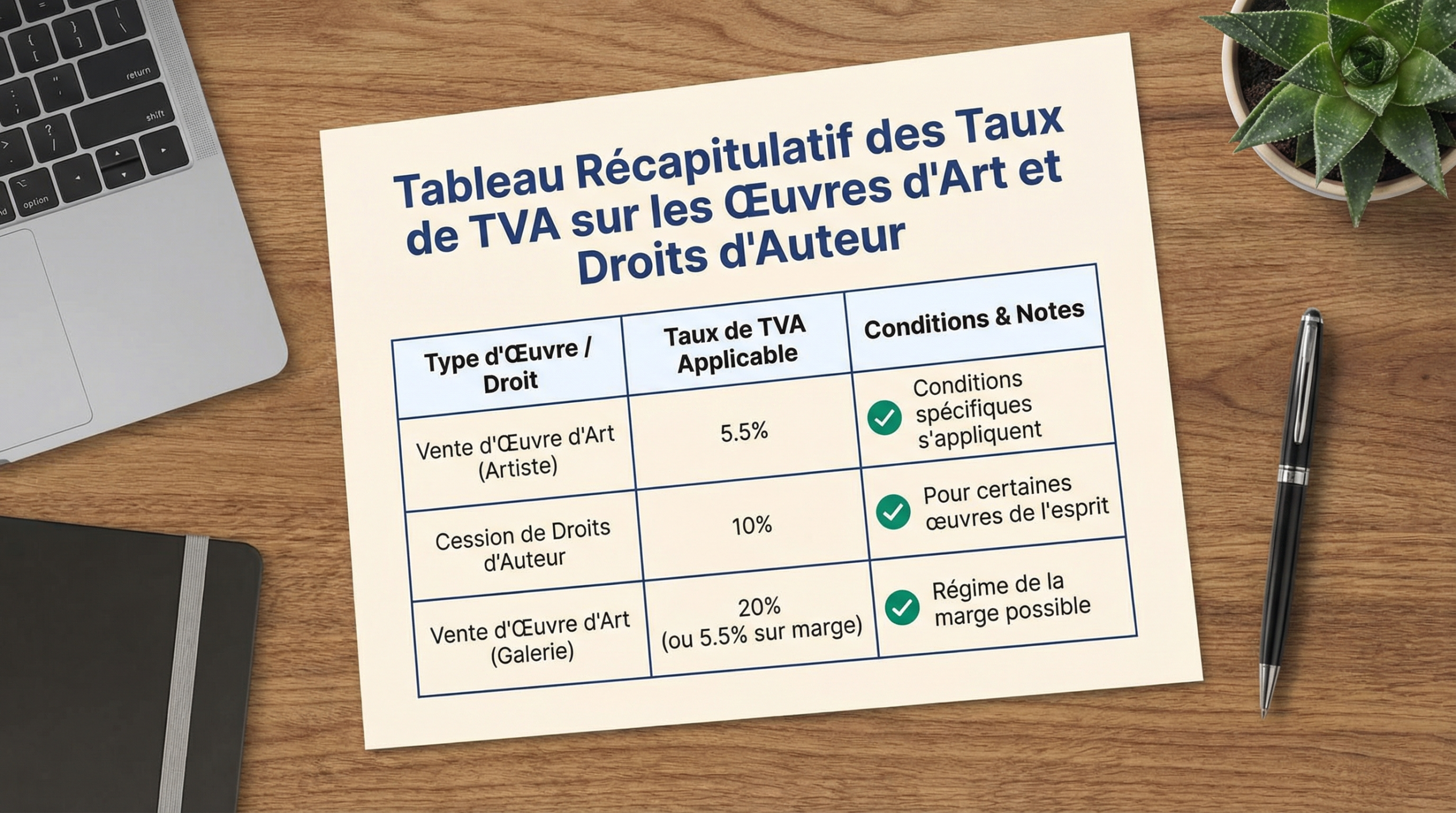 Tableau récapitulatif des taux de TVA applicables aux œuvres d'art et droits d'auteur