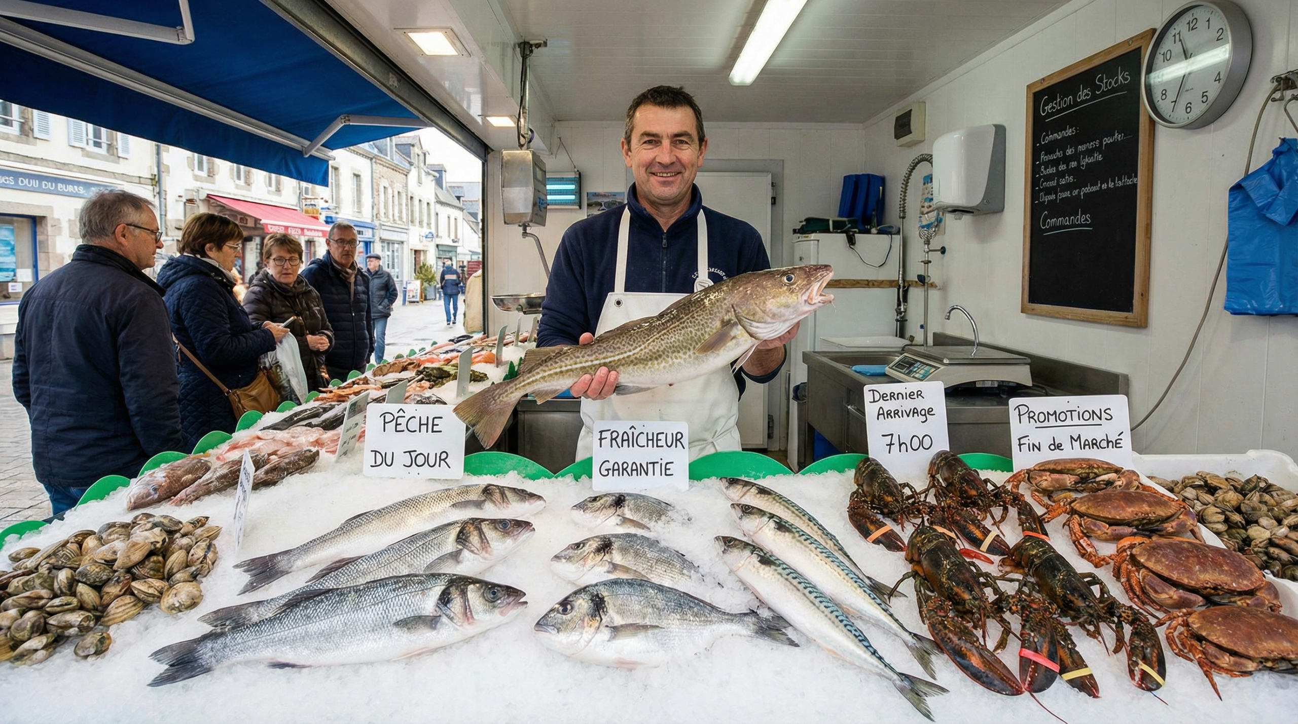 Poissonnier présentant son étal de poissons frais et crustacés, illustrant la gestion des stocks périssables.