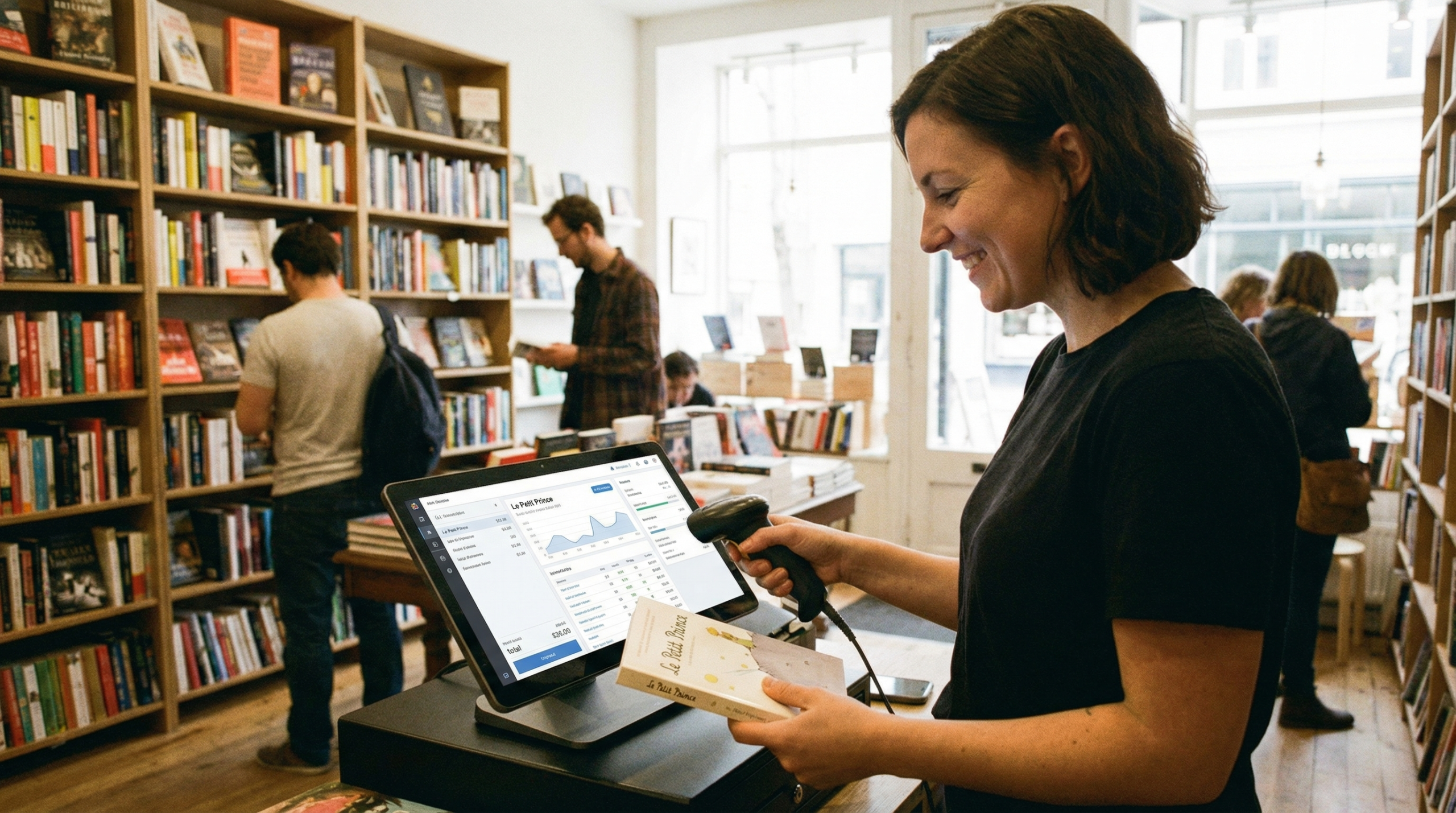 Libraire utilisant un logiciel de caisse moderne pour gérer les ventes et les stocks de sa boutique