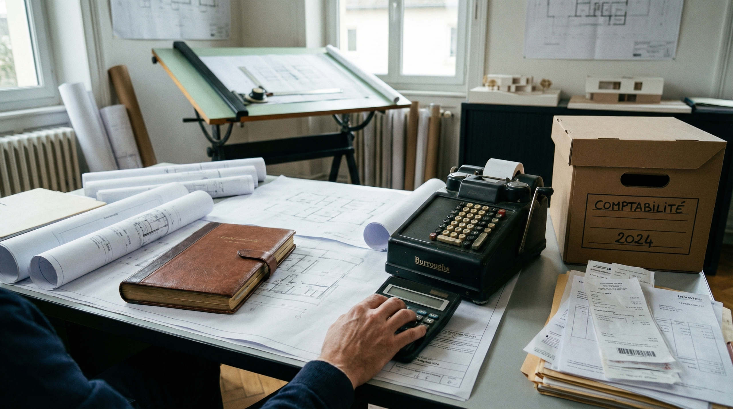 Bureau d'architecte avec des plans et une calculatrice, symbolisant la gestion comptable du cabinet