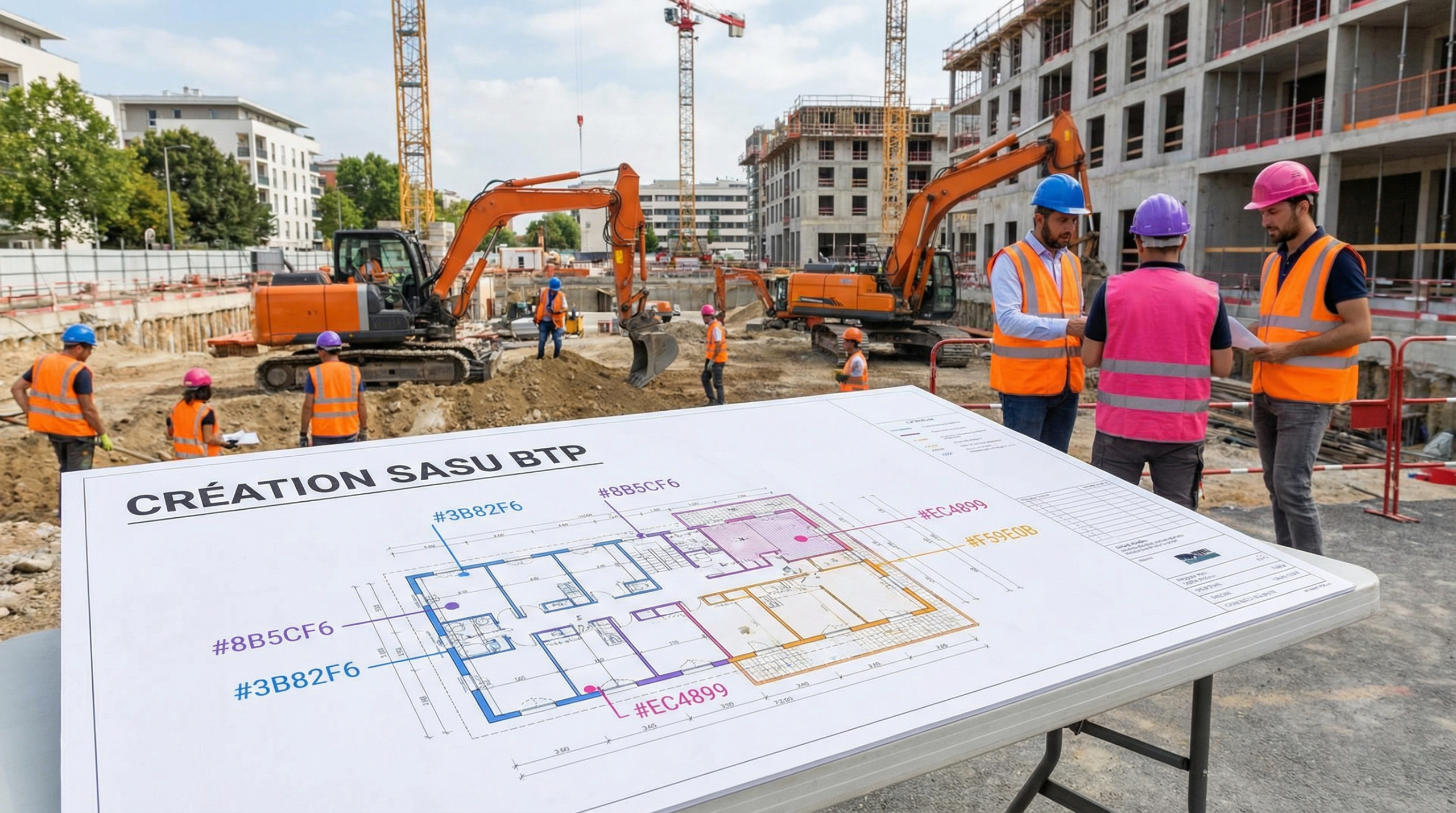 Chantier de construction avec un plan d'architecte au premier plan symbolisant la création d'une SASU BTP